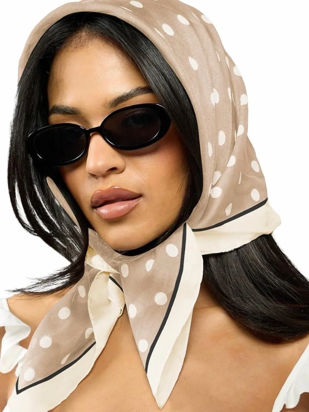 Polka Dot Headscarf in Taupe and White